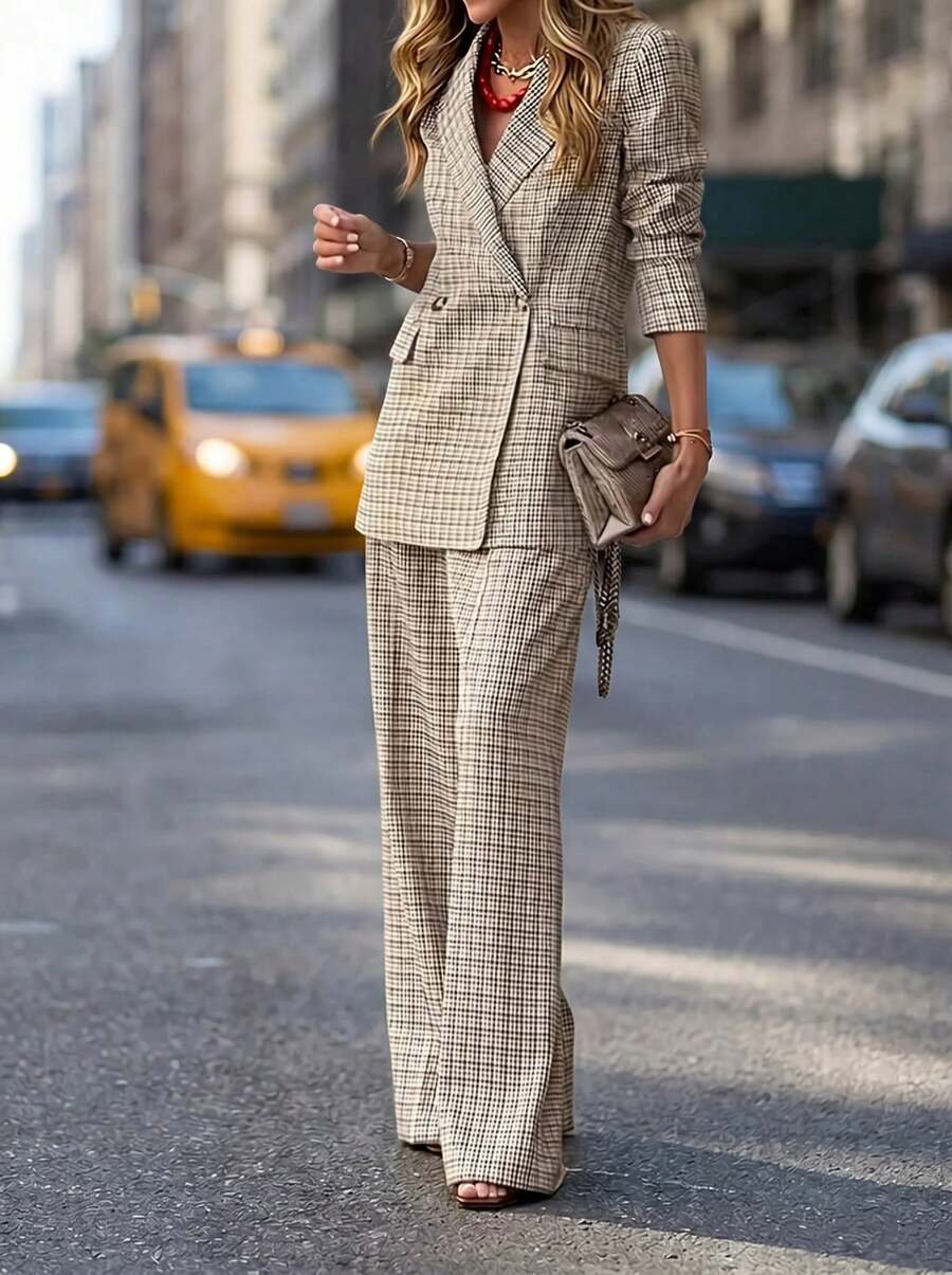 Elegaris Conjunto de traje a cuadros ligero para mujer, chaqueta y pantalón de pierna ancha a medida, elegante y de moda, conjunto de 2 piezas para oficina en primavera - Café integral - Ver 1