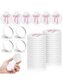 Juego de 16 piezas de mini espejos de bolsillo (8 espejos de maquillaje + 8 bolsas de organza), espejos cosméticos redondos plegables decorados con lazos rosas, lazos de estrellas blancas y lazos blancos sólidos, accesorios de belleza coreanos portátiles, regalos para mujeres, recuerdos de cumpleaños y despedida de soltera - Lazo blanco - Ver 2