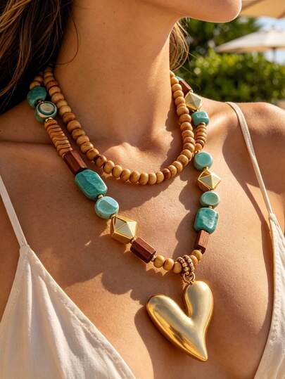 Dây chuyền hạt gỗ và ngọc lam phong cách Bohemian có thể đeo hai kiểu - Mặt dây chuyền hình trái tim vàng, trang sức nổi bật cho kỳ nghỉ hè.