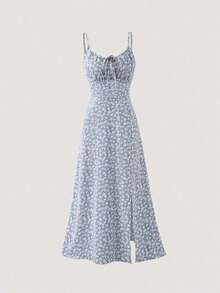 Vestido largo con estampado floral diminuto y abertura lateral para mujer - Celeste 2 - Ver 9