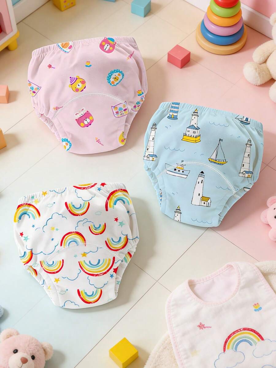 Bộ 3 quần tập đi cho bé chống rò rỉ, họa tiết in dễ thương, cạp chun co giãn không bó sát, có thể giặt và tái sử dụng, phù hợp cho mọi mùa, dùng được cho cả nam và nữ. - Nhiều màu - Xem 1