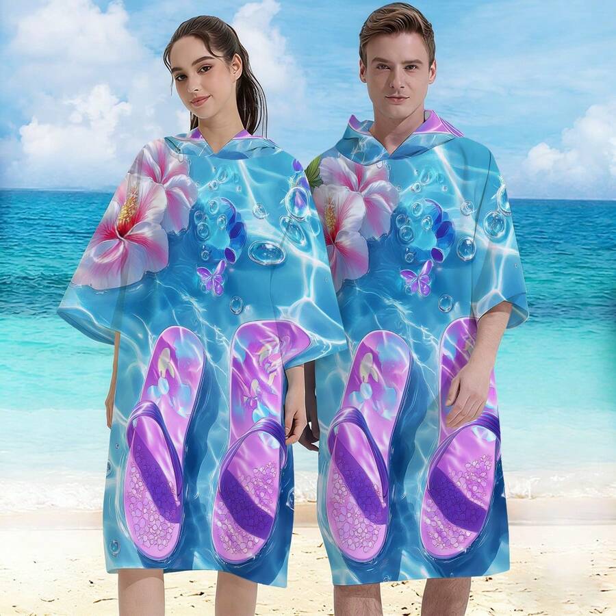 一件清新梦幻的夏日水彩插画，粉紫色人字拖漂浮在波光粼粼的蓝色水面上，搭配芙蓉花和蝴蝶，充满少女魅力和热带风情。这款甜美吸睛的速干印花冲浪连帽浴巾，采用涤纶材质，速干、吸水性强、轻便易携，是游泳和送礼的理想之选。柔软舒适的浴巾，多功能沙滩巾，海滩必备，旅行好物。