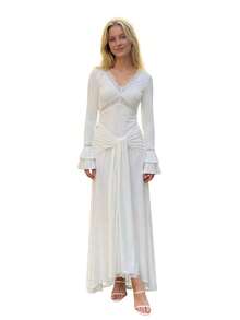 Women's Fall Lace Long Dress Elegant Solid Color Long Sleeve V Neck Slim Fit Ruffle Dress For Daily Event Wear - Milky - View 6