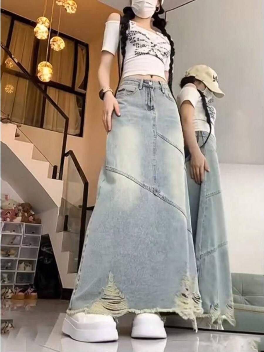 Women's Light Blue Washed Long Denim Skirt, Distressed Hem, Non-Stretch, Grunge Style Maxi Skirt, Suitable For Casual Wear - Light Wash - View 1