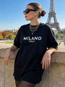 Women's Clothing, Soft And Casual Cotton Summer T-Shirt With Round Neck, Printed With The Letter Of The City Of MILAN, ITALY. Black. - 黑色 - 查看 3