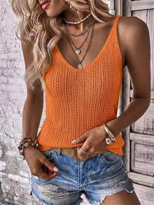 Summer V-Neck Lace Knit Tank Top Women's Sleeveless Solid Color Casual Beach Vacation Pullover Sweater Vest - trái cam - Xem 5