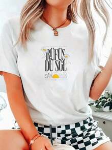 Printed T-Shirts For Women, Plus-Size Urban Style Tops, Comfortable And Stylish Summer T-Shirts That Go With Everything. | 1 Women's Breathable Cotton T-Shirt | Women's White Rufus Du Sol Printed T-Shirt With Beach Design For Summer Casual Fashion For Women Plus Size Bohemian Style Clothing - Ideal For Summer - 白色 - 查看 6