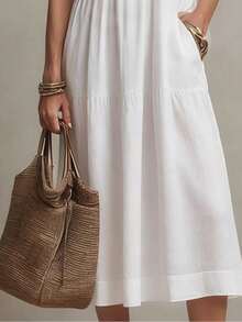 Women's Long Sleeveless Dress, V-Neck, Ruffles, Minimalist And Plain French Style, Ideal For Holidays, New 2026 Collection - 白色 - 查看 3