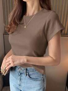 Camiseta básica de mujer de manga corta, cuello redondo, unicolor blanco, para primavera/verano, estilo casual de oficina - Café integral - Ver 3