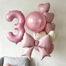 8件套粉色蝴蝶结气球套装，包含粉色蝴蝶结铝箔气球、白色和粉色爱心气球、22英寸4D气球和数字气球，适用于生日派对、婚礼、新娘送礼会、订婚派对、婴儿派对、公主主题生日派对、蝴蝶结主题派对、周年纪念、拍照背景、家庭派对装饰等场合。 - 彩色 - 查看 1