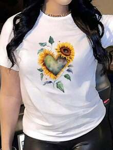 Women's Clothing: Short-Sleeved T-Shirt With A Floral Heart-Shaped Sunflower Print, Casual Round Neck, Regular Length, Suitable For All Seasons, Spring And Summer. Women's Shirts - 白色 - 查看 1