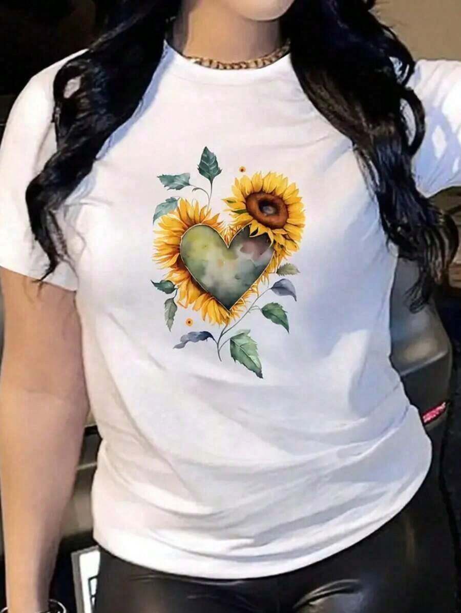 Women's Clothing: Short-Sleeved T-Shirt With A Floral Heart-Shaped Sunflower Print, Casual Round Neck, Regular Length, Suitable For All Seasons, Spring And Summer. Women's Shirts - 白色 - 查看 1