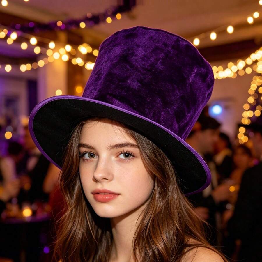 Velvet Vintage Dramatic All Seasons Top Hat, Distressed Texture, Relaxed Fit, Perfect For Themed Party, Halloween Cosplay, Stage Performance - Purple - View 1