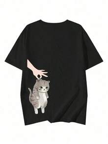 Camiseta Personalizada para Mujer, Casual, con Estampado de Gato, Corte Holgado, Cuello Redondo, Manga Corta, Primavera/Verano, Negra, Estilo Vintage Urbano, Camiseta Holgada de Algodón con Cuello Redondo y Manga Corta - Blanco - Ver 11