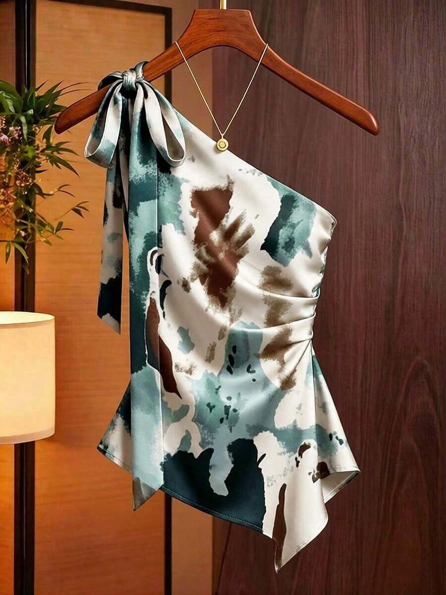 Blusa asimétrica de satén color caramelo con lazo en el hombro, diseño ajustado con pliegues asimétricos, adecuada para citas, ir al trabajo, con hombro sexy en capas, camisa elegante y de moda - Café integral - Ver 1