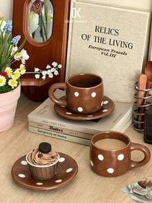 1pc Vintage Polka Dot Japanese Kiln-Fired Ceramic Coffee Cup & Saucer Set, Creative Mug, Afternoon Tea Dessert Plate - Multicolor - View 3
