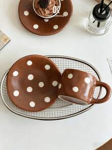 1pc Vintage Polka Dot Japanese Kiln-Fired Ceramic Coffee Cup & Saucer Set, Creative Mug, Afternoon Tea Dessert Plate - Multicolor - View 1