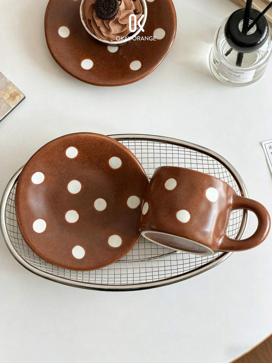 1pc Vintage Polka Dot Japanese Kiln-Fired Ceramic Coffee Cup & Saucer Set, Creative Mug, Afternoon Tea Dessert Plate - Multicolor - View 1