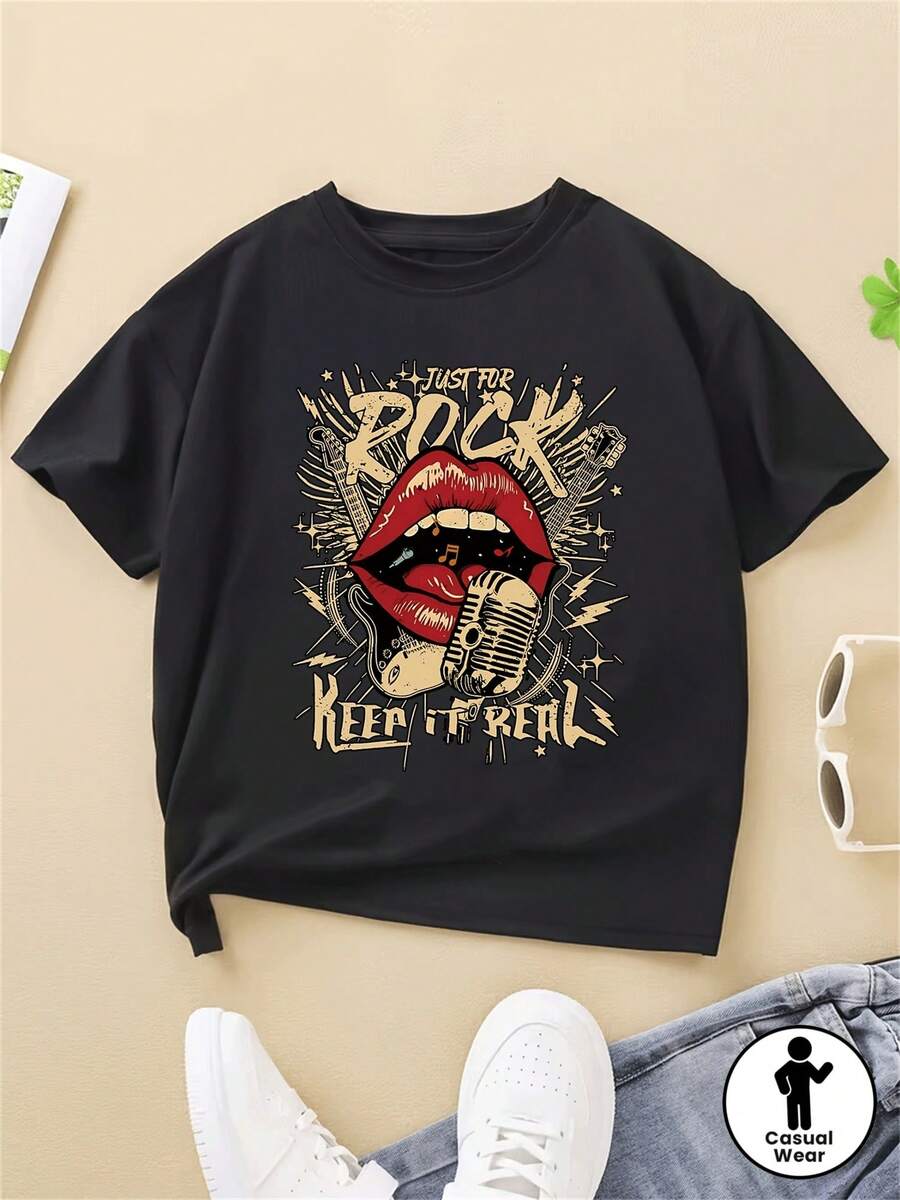 Women's T-Shirts, Summer Tops. Rock Music Festival Spirit: Express Your Love Of Music In Fashion - Casual Summer Printed T-Shirt With A Round Neck For Girls. Cotton T-Shirt For Women. - Black - View 1
