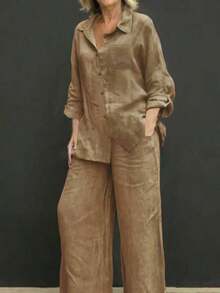 Cardigan casual con cuello polo ligero, blusa elegante de unicolor versátil adecuada para la playa, el diario, el trabajo, las compras, de tela suave, pantalones sueltos con cintura elástica, conjunto de 2 piezas, primavera/verano/otoño - Café integral - Ver 2