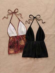 2 piezas Camiseta sin espalda con escote en V y tirantes con estampado de leopardo sexy, adecuada para vacaciones, citas, té de la tarde, vacaciones, festivales de música, estilo bohemio - Multicolor 12 - Ver 2