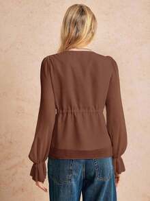 Blusa de manga larga con volantes, lazo delantero y bajo con volantes, unicolor, para primavera/verano - Marrón - Ver 7