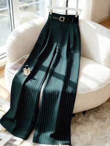 Pantalones de mujer de mezcla de algodón a rayas cómodos, de cintura alta, elegantes y de moda, de alta gama, con pliegues, cintura elástica, rectos, sueltos y de pierna ancha, adecuados para primavera/otoño, uso diario y versátiles - Verde Oscuro - Ver 2