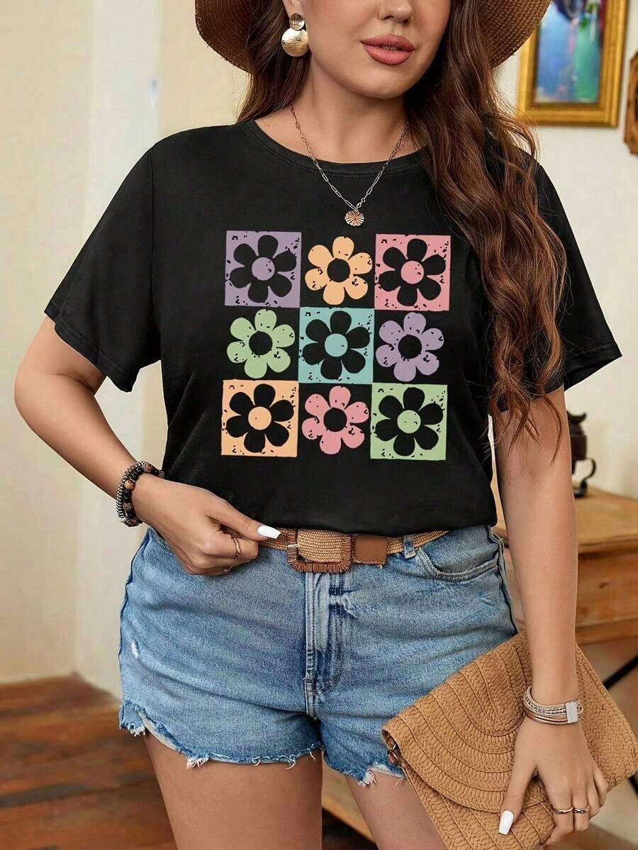 Plus Size Women's Casual Crew Neck T-Shirt - Vibrant Floral Geometric Print, Short Sleeve, Medium Stretch, Summer Top For Petite Figures, Casual Summer Top With Vibrant Print, Comfortable Fit - 黑色 - 查看 1