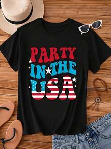Fashionable Women's Camisole With A Loose Fit, Round Neck, And Short Sleeves, Featuring A Graphic Print Of The American Flag, Ideal For Independence Day Celebrations And Summer Events. Breathable And Comfortable. - 黑色 - 查看 3