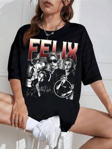 Remera Mujer Estilo Punk, Estampado Gráfico Retro, Holgada, Talla Amplia - Negro - Ver 9