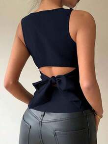 Blusa sin mangas con cuello redondo y lazo en la espalda, para uso casual y de oficina - Azul marino - Ver 2