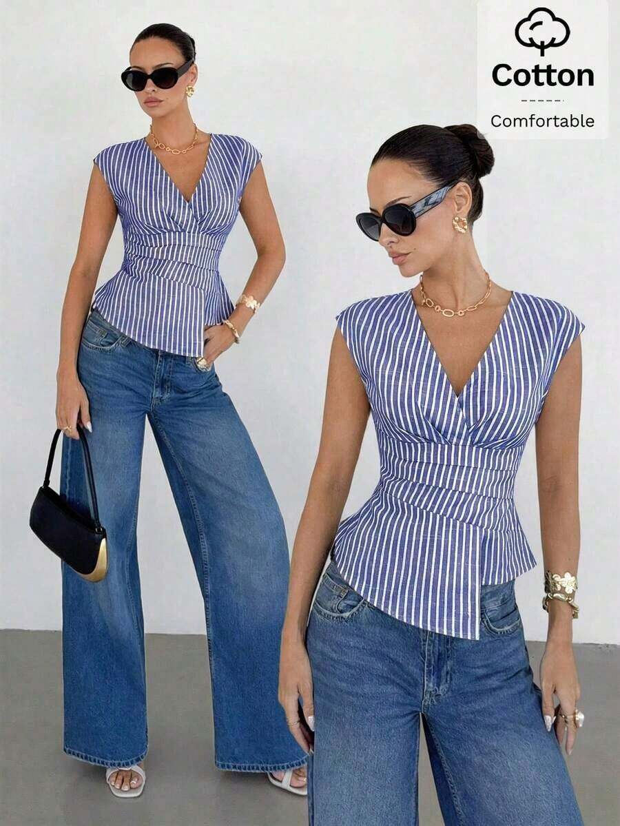 Blusa de mujer de cuello en V a rayas, versátil para uso diario, atuendos casuales de mujer, atuendos de verano de mujer, blusas casuales para mujer, blusas de mujer para el verano, blusa de cuello en V a rayas - azul real - Ver 1