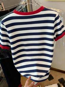 Camiseta casual de mujer de manga corta con cuello redondo y rayas - Multicolor 5 - Ver 2