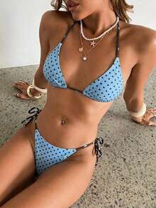 Conjunto de bikini de 2 piezas con estampado de lunares, traje de baño sexy para fiestas y festivales de música, atuendo de playa para vacaciones de mujer - Azul - Ver 3