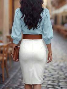 Blusa corta de mujer con cuello en V, manga de pétalo con lunares, cintura ceñida, nueva para primavera/verano - Azul - Ver 2