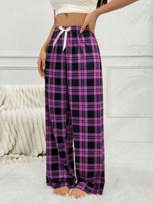 Pantalones de pijama holgados con lazo y estampado de cuadros para mujer, otoño e invierno - Morado - Ver 7