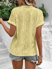 Camiseta suelta de mujer de manga de murciélago con escote en pico, de tela texturizada de unicolor, para verano y vacaciones - Amarillo - Ver 2