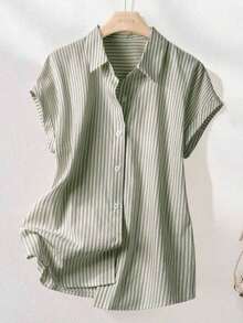 Camisa de manga corta a rayas vintage, de moda para ir al trabajo en verano - Verde militar - Ver 8