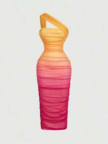 Vestido de malla de longitud media con un hombro, fruncido y efecto ombré - Rosa Fucsia - Ver 5