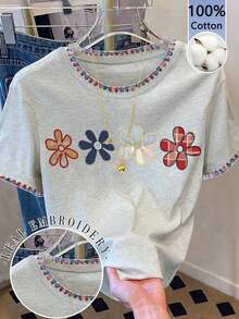Camiseta casual de mujer con cuello redondo y hombros caídos, con bordado floral, 4 estampados florales diferentes, cómoda y casual para uso al aire libre, adecuada para todas las estaciones - Gris Claro 2 - Ver 1