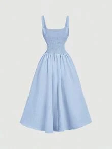 Vestido elegante de longitud media sin mangas con diseño de cintura plisada y unicolor para mujer - Azul - Ver 6