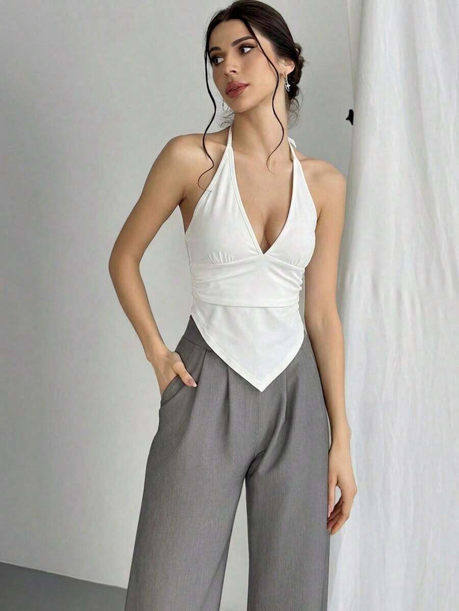 Top corto con escote en V profundo, cuello de halter, tirantes con lazo y espalda descubierta para mujer - Blanco - Ver 1