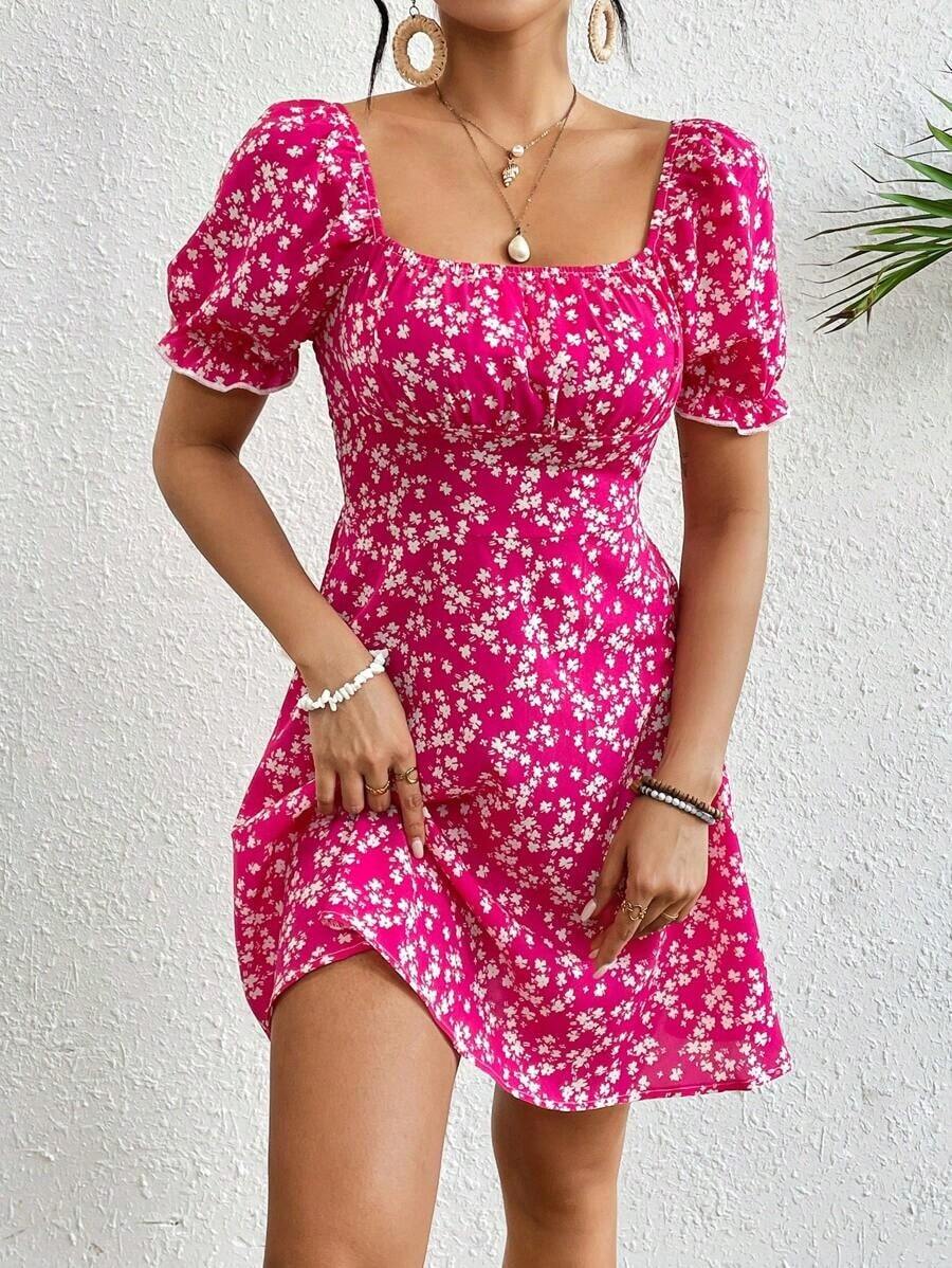 Vestido de mujer de manga corta con cuello cuadrado y estampado floral elegante, vestido de mujer con manga abullonada, vestido floral para vacaciones con cintura, vestido de verano para mujer, vestidos lindos para mujer, vestido floral rojo, vest - Rosa Fucsia - Ver 1
