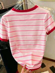 Camiseta de mujer de manga corta, cuello redondo, estampado de letras y rayas, informal, para verano - Multicolor 4 - Ver 2