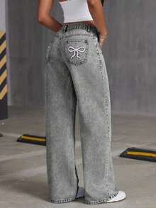 Pantalones vaqueros de pierna ancha con estampado de mariposa y ajuste holgado para adolescentes - Gris Claro - Ver 3