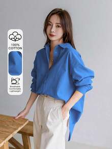 -Less Camisa de mujer de manga larga de un solo pecho, de unicolor, de hombros caídos, para uso casual y de negocios - azul real - Ver 8