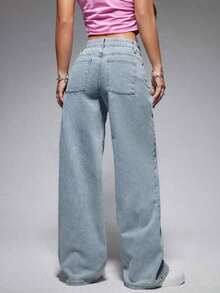 ICON Solid Color Wide Leg Pocket Jeans, Casual And Versatile - Light Wash 3 - View 7