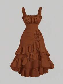 MOD Vestido de estilo vintage de palacio con volantes multicapa y diseño romántico en color albaricoque para mujer de talla grande - Café integral - Ver 5