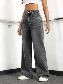 Jeans de mezclilla de pierna ancha recta de diseño simple con cintura alta para mujeres a la moda - Gris Claro - Ver 6