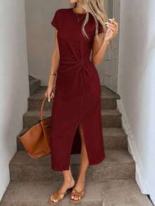 Vestido midi casual de mujer con estampado de lunares, cintura retorcida y abertura alta sin mangas; Vestido ajustado texturizado casual de mujer; Conjunto de fitness de mujer; Vestido de invitada de boda de mujer; Atuendo de oficina de mujer - Burdeos - Ver 3
